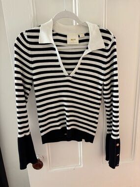 Anthropologie Black & White Striped V-Neck Collared Sweater